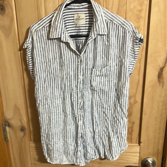 American Eagle Outfitters Tops - American Eagle Outfitters Blue and White Striped Collared Button-up